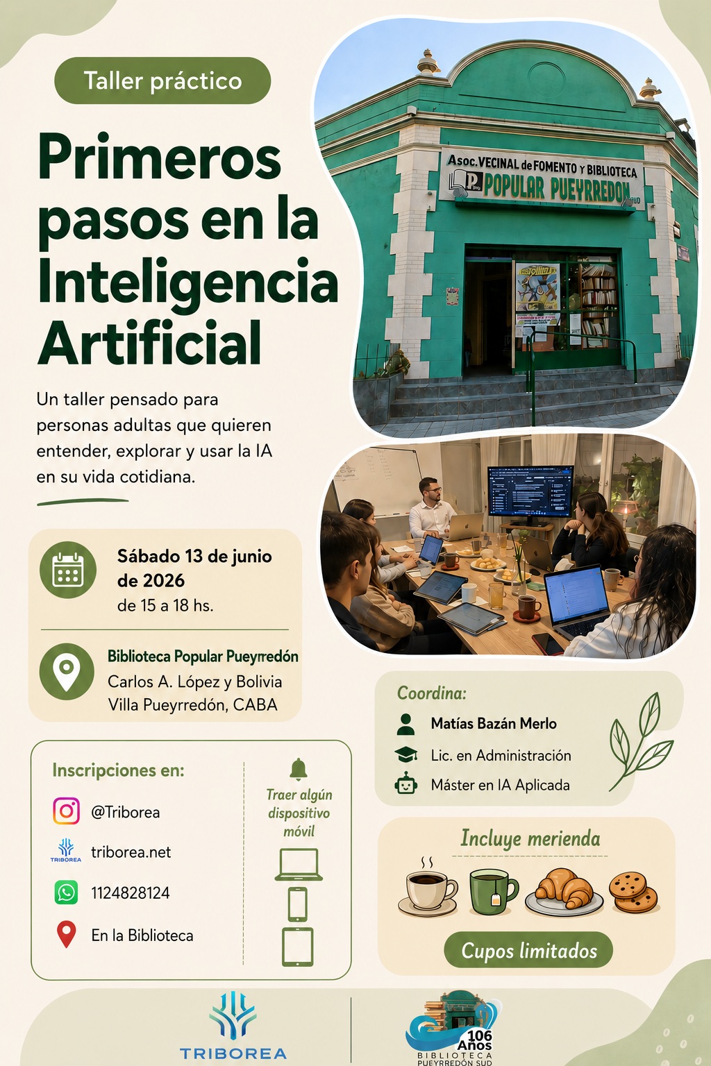 Flyer del taller Primeros pasos en la inteligencia artificial en la Biblioteca Popular Pueyrredón, junio de 2026