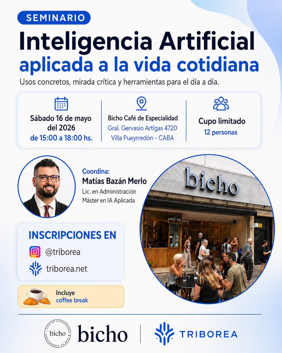 Flyer del seminario de inteligencia artificial en Bicho Café, mayo de 2026