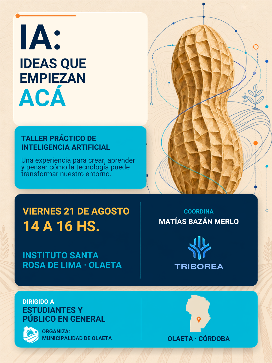 Flyer del taller práctico de inteligencia artificial en Olaeta, agosto de 2026