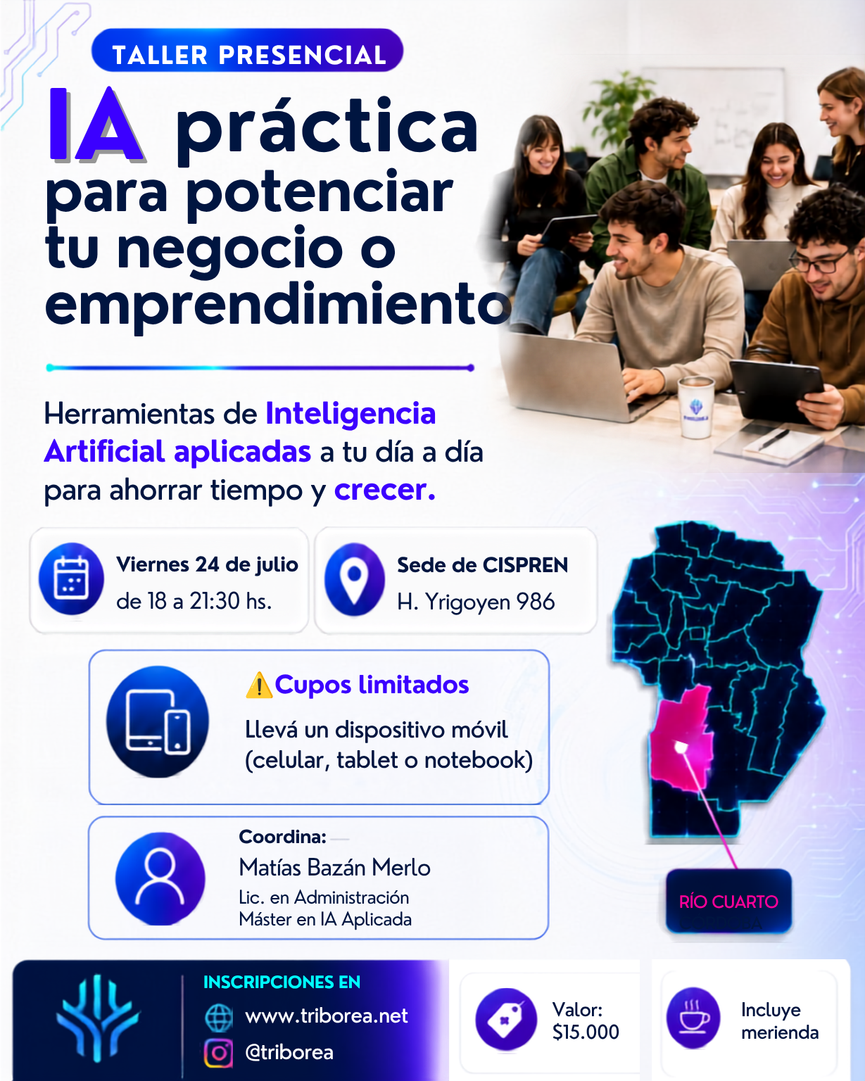 Flyer del taller presencial de inteligencia artificial aplicada en Río Cuarto, julio de 2026