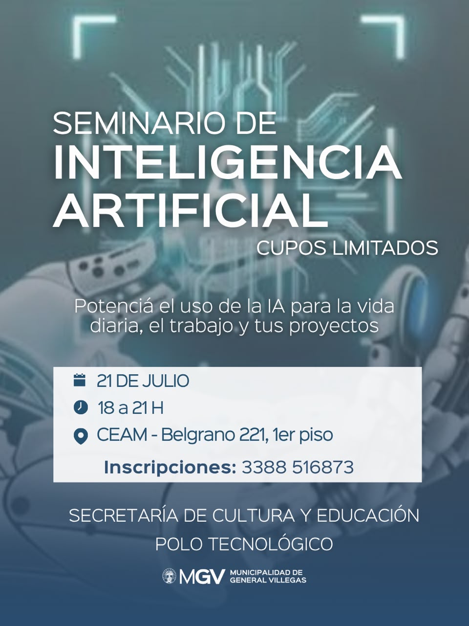 Flyer del seminario de inteligencia artificial realizado en General Villegas, julio de 2026