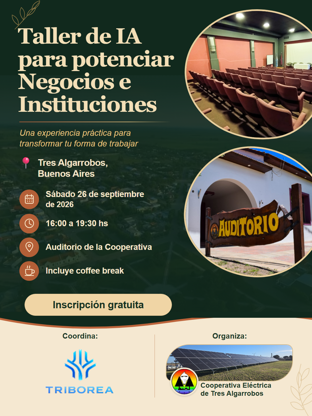 Taller de IA para potenciar Negocios e Instituciones. Tres Algarrobos, Buenos Aires. Sábado 26 de septiembre de 2026, de 16:00 a 19:30 hs. Inscripción gratuita.